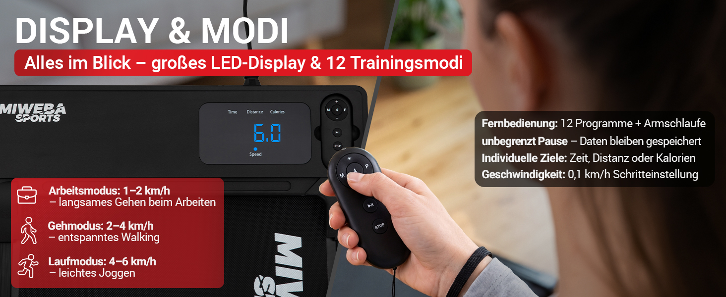 Miweba Sports Laufband – Display & Trainingsmodi Miweba Sports Laufband mit LED-Display, Fernbedienung und 12 Trainingsprogrammen für Geschwindigkeiten von 1 bis 6 km/h.